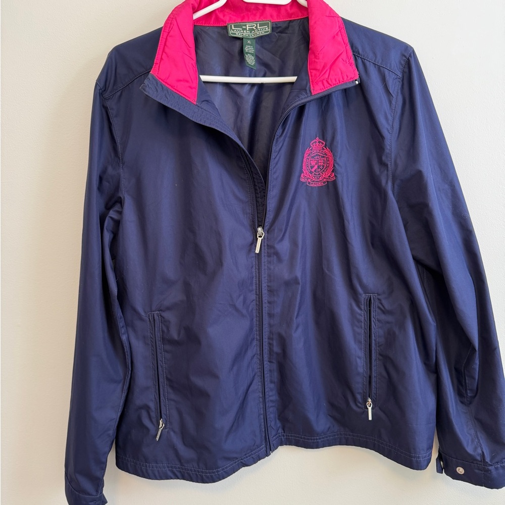 Ralph Lauren RLX Navy Windbreaker Jacket Pink Crest Logo Full Zip Lightweight